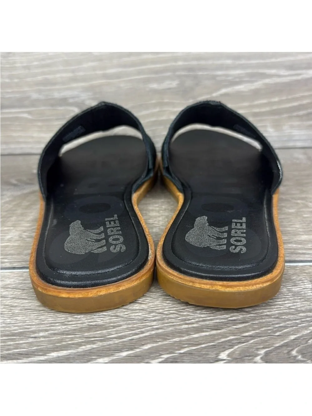 Sorel Black Slide Leather Sandals with Tan Sole